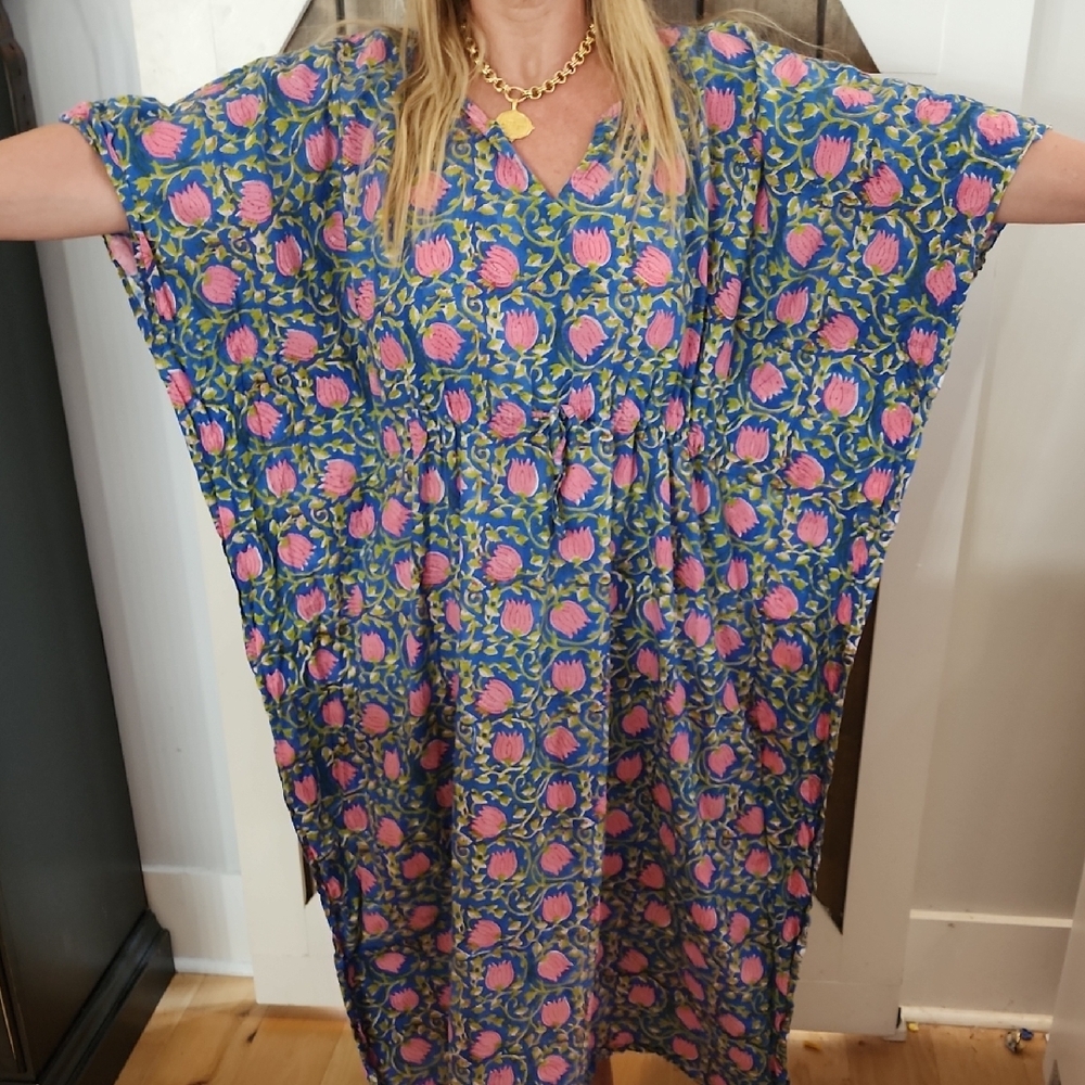 Floral Blue and Pink Kaftan Dress